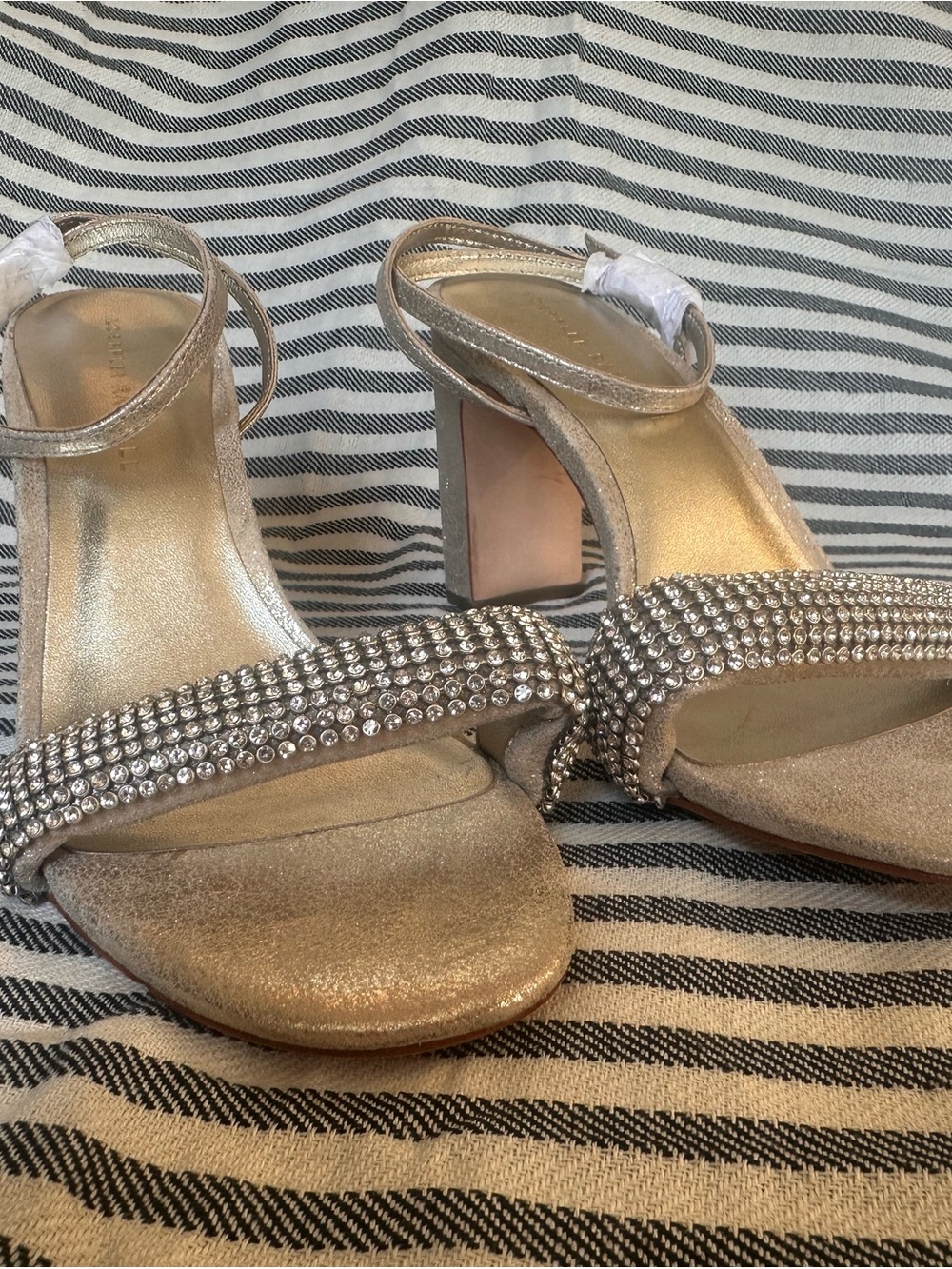 Loeffler Randall Crystal Embellished Metallic Gold Block Heel Sandals